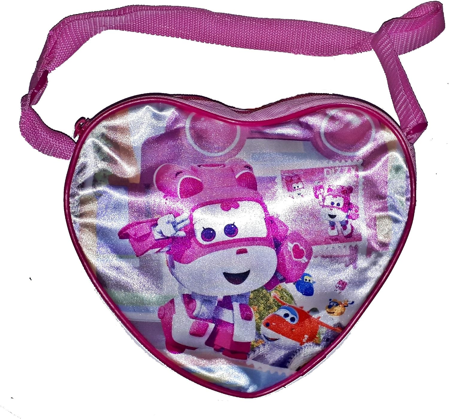 Heart shaped Super Wings shoulder bag with picture of Dizzy with Jett, Jerome and Donnie in the background, for kids girls