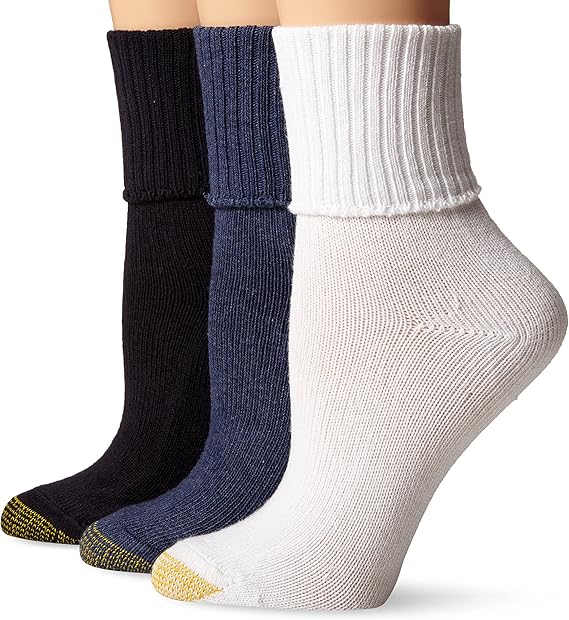 Gold Toe Women's 3Pack Bermuda Turn Cuff Sock, Denim/white/navy, 911