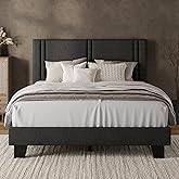 iPormis Queen Platform Bed Frame with Fabric Upholstered Headboard & Thickened Legs, Mattress Foundation w/Solid Wooden Slats Support, Noise Free, No Box Spring Needed, Dark Grey
