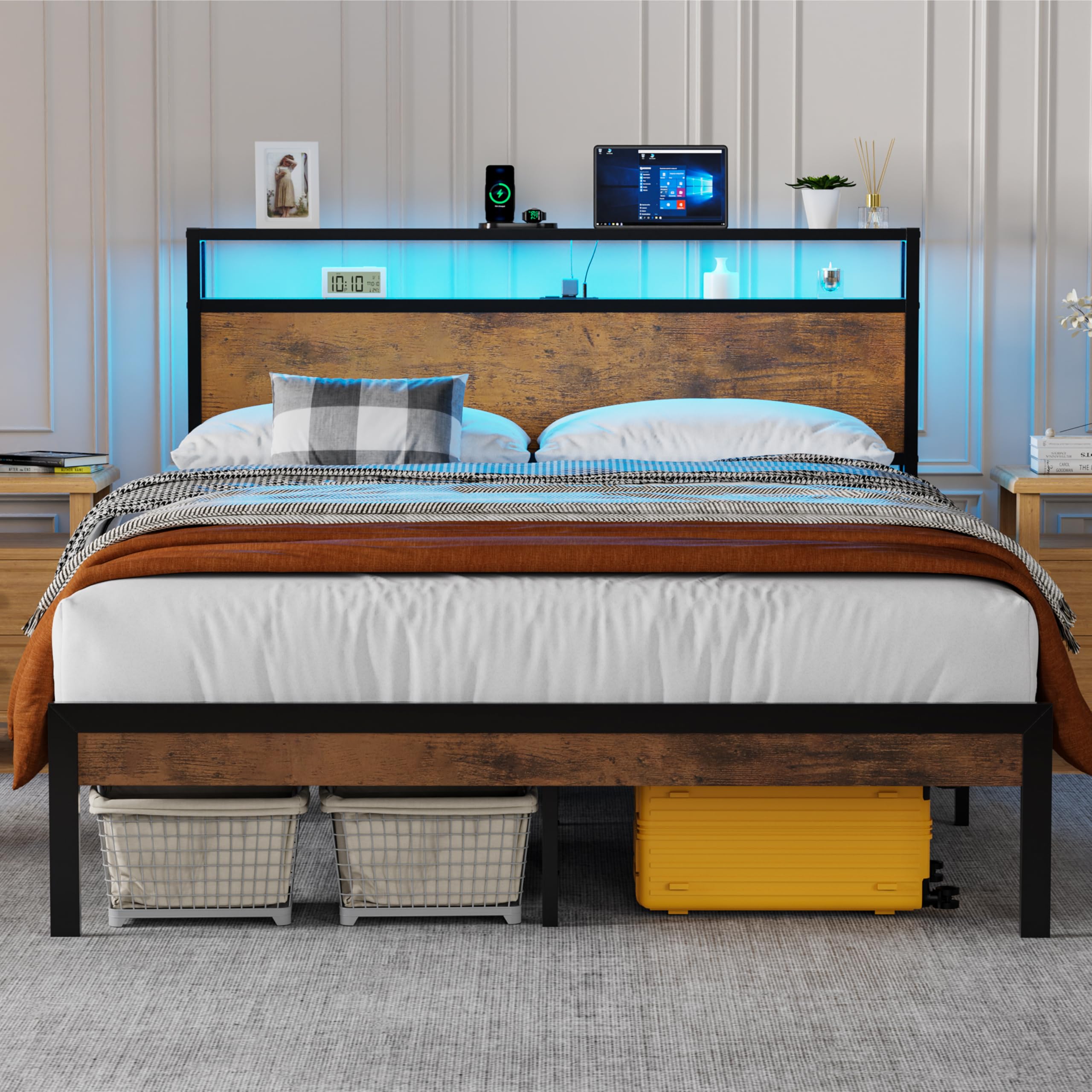 Photo 1 of ****ONLY REFERE NCE**Queen Size Bed Frame with LED Lights Storage Headboard, Metal Platform Bed Frame Queen w/ Charging Station (125V & 5V), Heavy Duty Solid 11 Bed Legs, No Box Spring Needed, Noise Free, Easy Assembly