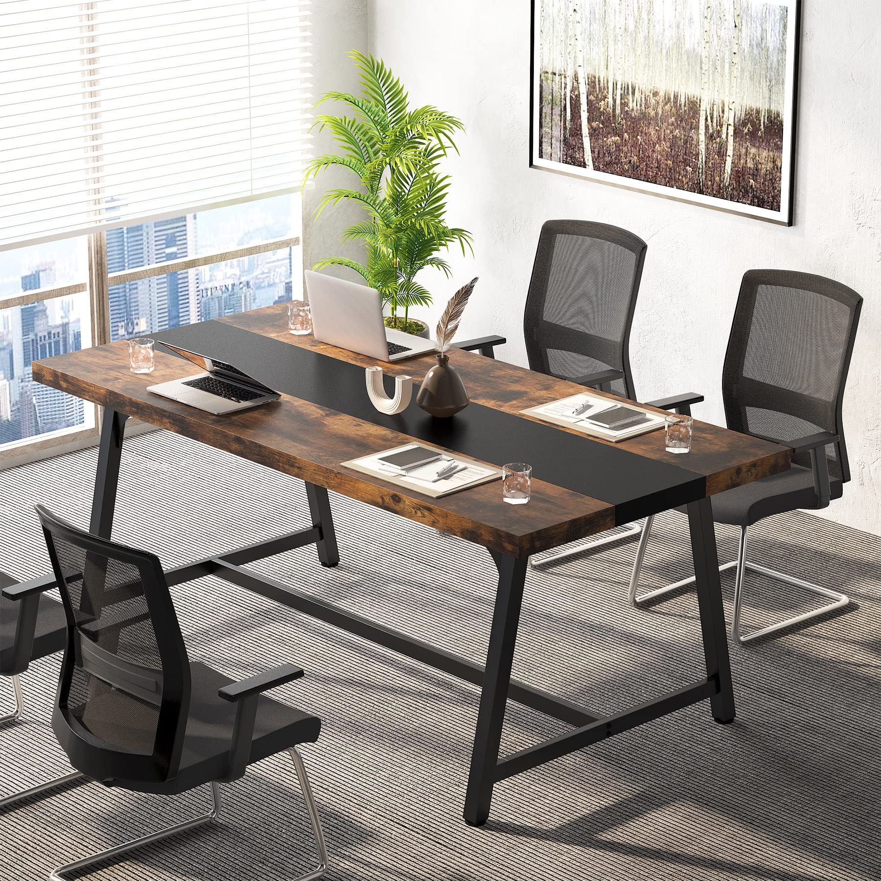 Photo 1 of **ASSEMBLY INSTRUCTIONS INCLUDED**  Tribesigns 6FT Rectangle Conference Table, 70.87L x 33.46W x 29.92H Inches Meeting Table for Conference Room, Wood Office Executive Desk with Strong Metal Frame for 6 People, Brown
