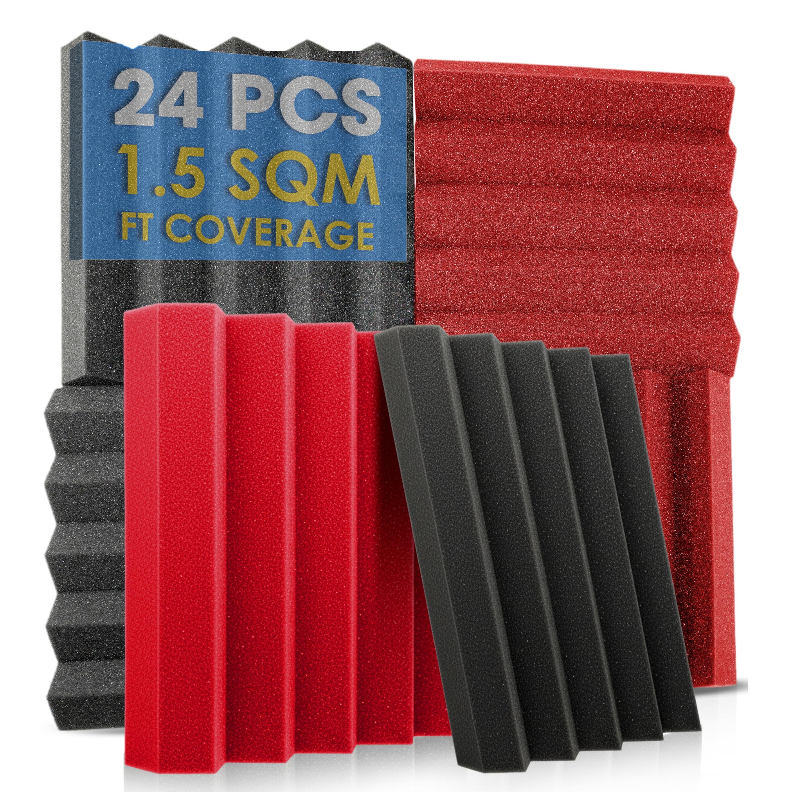 Arrowzoom 24 Acoustic Panels Wedge Sound Absorbing Acoustic Treatment Tiles 25x25x5cm Recording Studio Noise Cancellation 26kg/m3 High Density Acoustical Walls Dampening Fire Retardant Red Black 1134