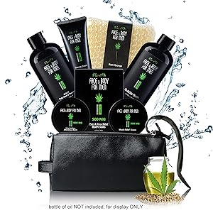 Sandalwood Bath and Body Gift Basket Set for Men with Hemp Oil Extract - Fathers day Birthday Holiday Gift Ideas for Him, Luxury 8 Pack Relaxing at Home Skincare Kit with Shaving Cream, Toiletry Bag
