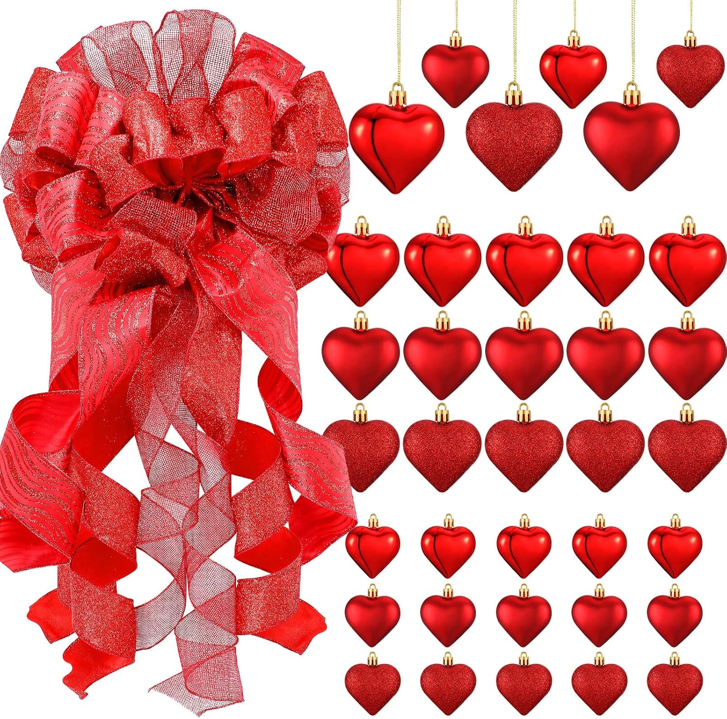 Tree Toppers - Valentines Day Tree Topper 12 x 34 Inches Large Topper Bow and 36 Pieces Flash Valentines Day Heart Ornaments with Wired Edge Valentine Decorations for a Tree Valentines Ornaments (Red)