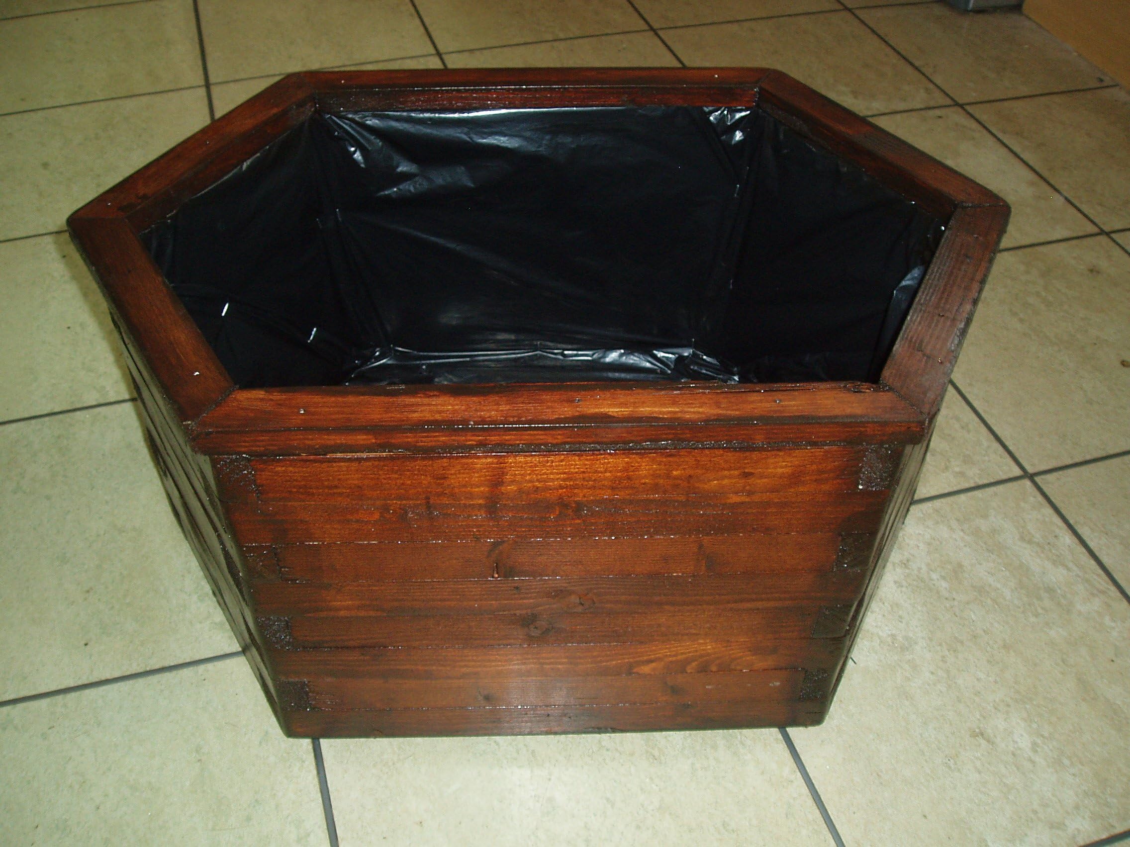 Pottyplanters Handmade pre-assembled wooden 400mm diameter hexagonal smooth walnut stained planter.