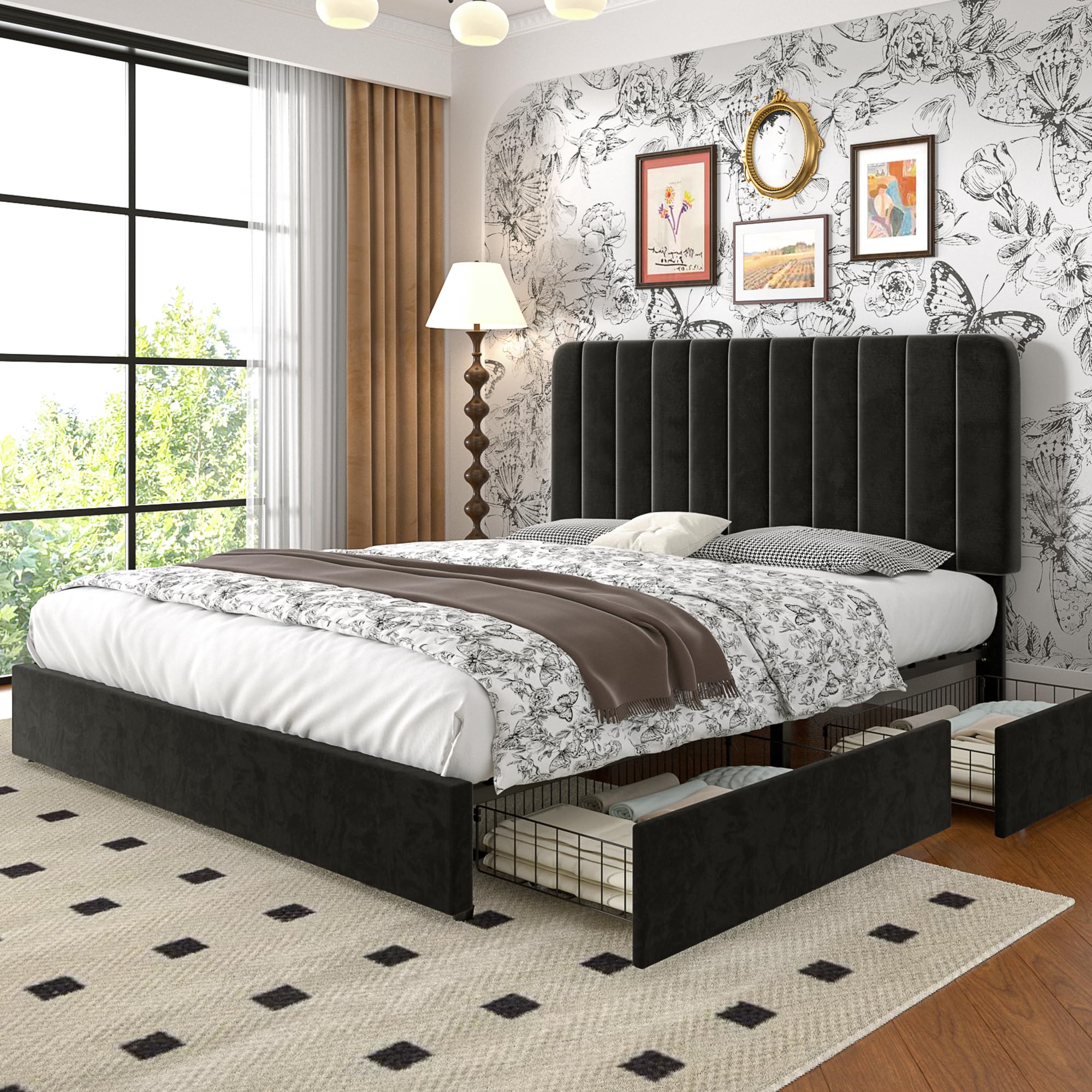 Photo 1 of VECELO Full Size Upholstered Bed Frame with 4 Drawers and Headboard, Velvet Platform Storage Bedframe, Wooden Slats Support, No Box Spring Needed,Black