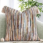 AmHoo Boho Throw Pillow Cover Decorative Bohemian Woven Tufted Striped Farmhouse with Tassels Textured Cushion Case Pillowcase Neutral for Sofa Couch Bed 18 x 18-Inch Black Brown