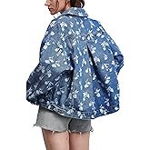 D-Sun Women Casual Printed Denim Jacket Oversized Button Down Long Sleeve Boyfriend Vintage Jean Jacket Coat with Pockets