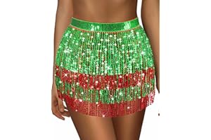 SARFEL Sequin Skirt Sparkly Skirt Belly Dance Skirt Glitter Skirt Rave Sparkle Skirt Sequin Tassel Skirt Fringe Hip Scarf Women
