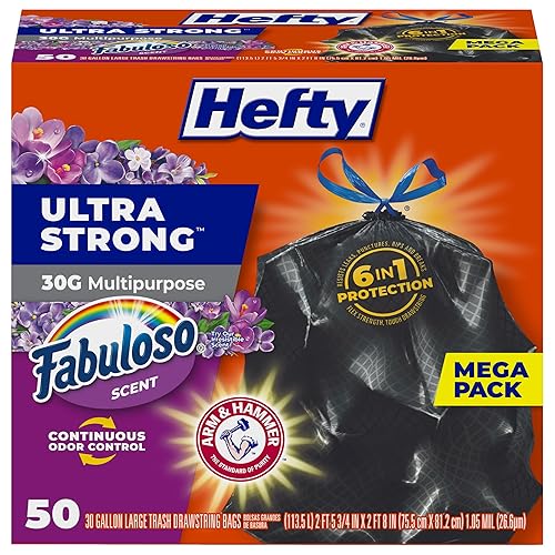 Hefty Ultra Strong 30 Gallon Trash Bags, Large Trash Bags 30 Gallon Size, Multipurpose, Break Resistant Drawstring Closure, Resists Leaks, Punctures, and Tears, Black, Fabuloso Scent, 50 Bags