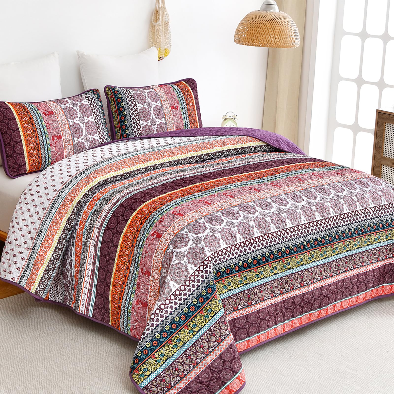 Condition photo showing New/Like New for wongs bedding boho quilt set king size, purple 3 pieces bohemian striped patchwork bedspread coverle