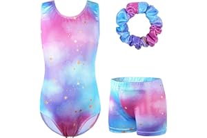 Girls Gymnastics Leotards Outfits Unitards Biketard with Tumbling Shorts Hair band Kids Dance Activewear for Girls 3-14 Years