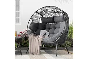IRONCK 2 Person Egg Chair Outdoor Indoor, Oversized Double Wicker Lounge Chair, Thickened Padded Cushions and Headrests, 680Lbs Egg Loveseat for Patio, Balcony, Living Room, Porch, Gray