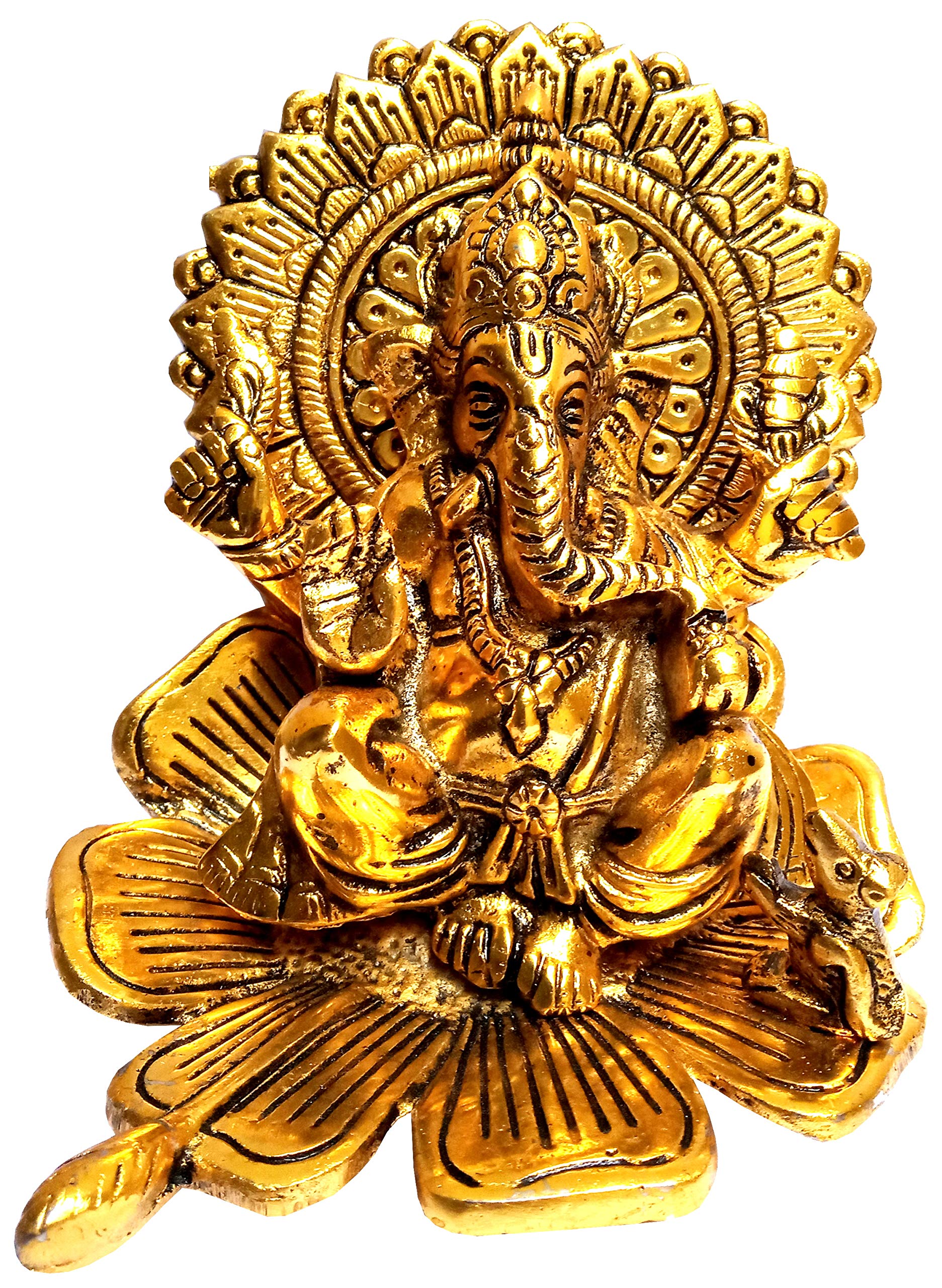 Purpledip White Metal Ganesha on Lotus Showpiece,Golden Finish, Indian gift ideas (10457)