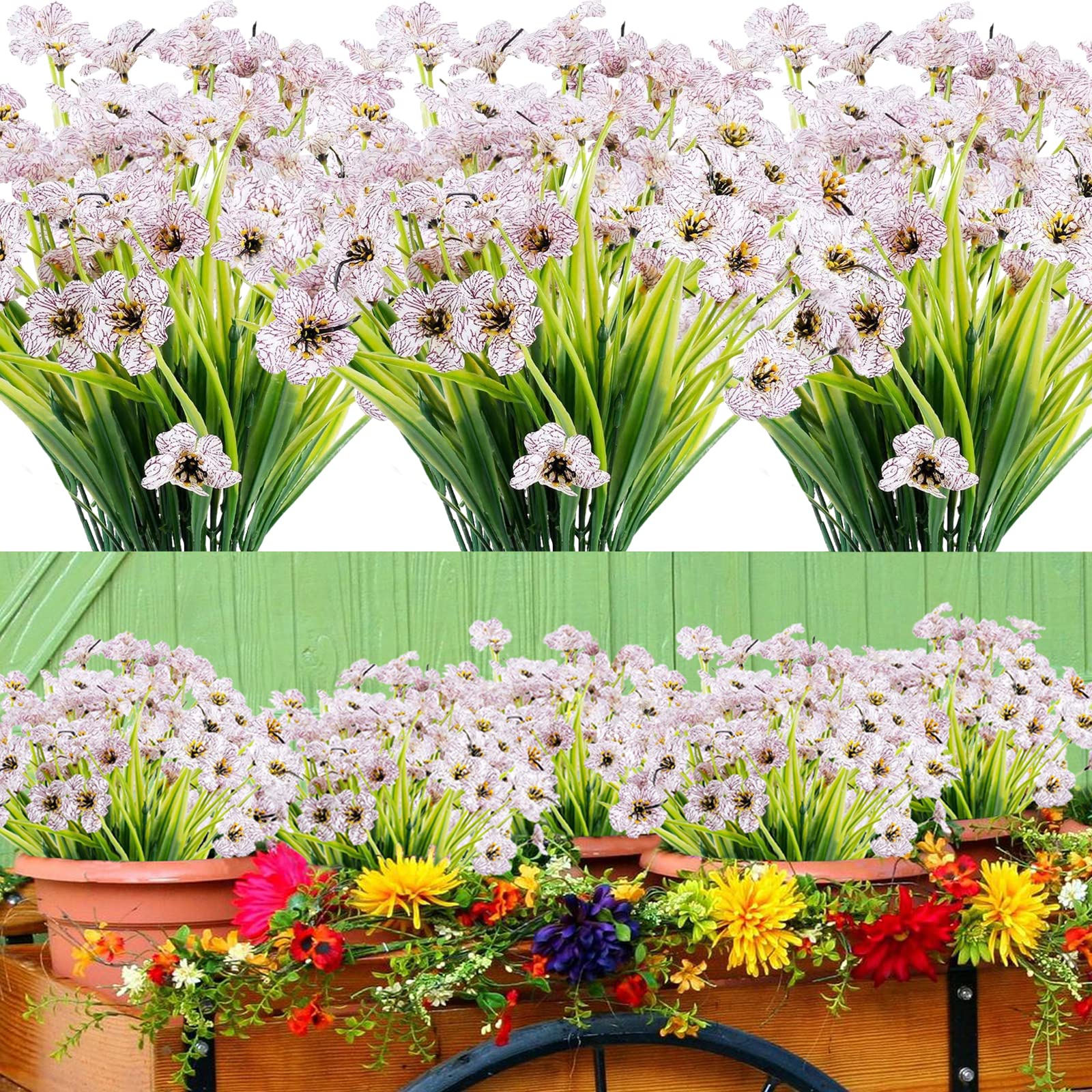 12 Bundles Artificial Flowers Outdoor UV Resistant Decorative Fake Flowers Greenery Shrubs Plants Faux Flowers Indoor Outside Hanging Planter Home Garden Porch Patio Window Box Wedding Decor (White)
