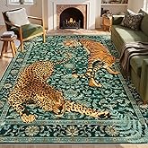 Joydeco Tiger Print Washable 8x10 Rugs for Living Room, Boho Green Cheetah Area Rugs for Bedroom Aesthetic, Large Vintage Non Slip Throw Floor Carpet for Dining Room Office Playroom Dorm