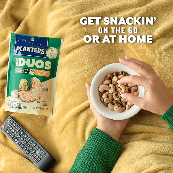PLANTERS NUT DUOS, FLAVORED NUTS, PEPPERCORN PISTACHIOS & PARMESAN CASHEWS 5OZ