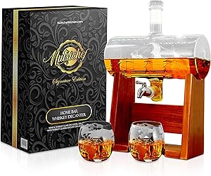 Glass Whiskey Decanter with Glasses -1100ml Barrel Whiskey Carafe Alcohol Decanter Set, Lead Free Decanter w/ Spigot, Stopper & Base, For Brandy Wine Cognac Rum Gin Scotch Bourbon - NutriChef