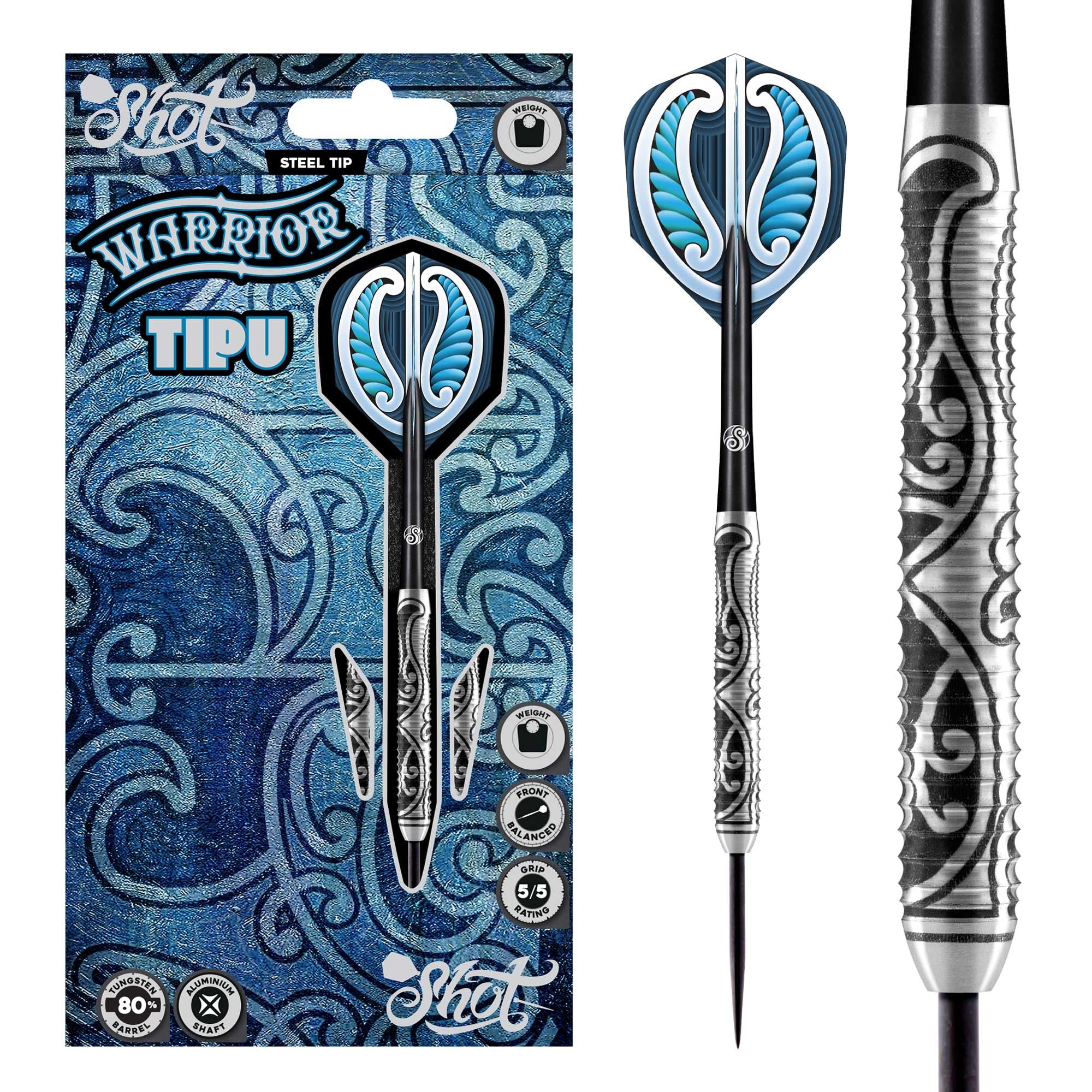 Shot! Darts Warrior Tipu Steel Tip Dart Set Front Weighted 80% Tungsten Barrels 25gm