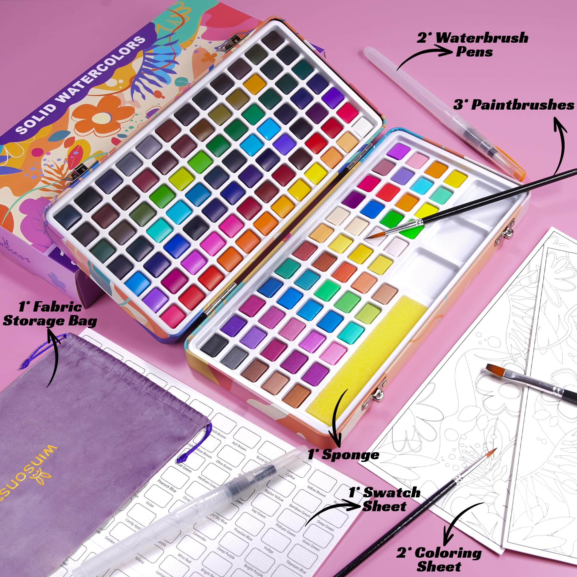 WINSONS Wasserfarbkasten 138 lebendige Farben, Mini-Palette, Pinseln und Aquarellblättern, Ungiftig und Hochpigmentiert 3