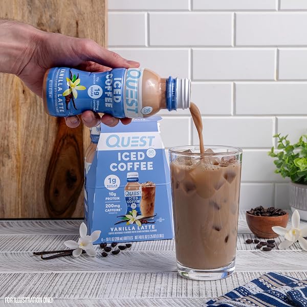 QUEST NUTRITION ICED COFFEE, VANILLA LATTE, 1G OF SUGAR, 10G OF PROTEIN, 90 CALORIES, 200MG OF CAFFEINE, 4 COUNT