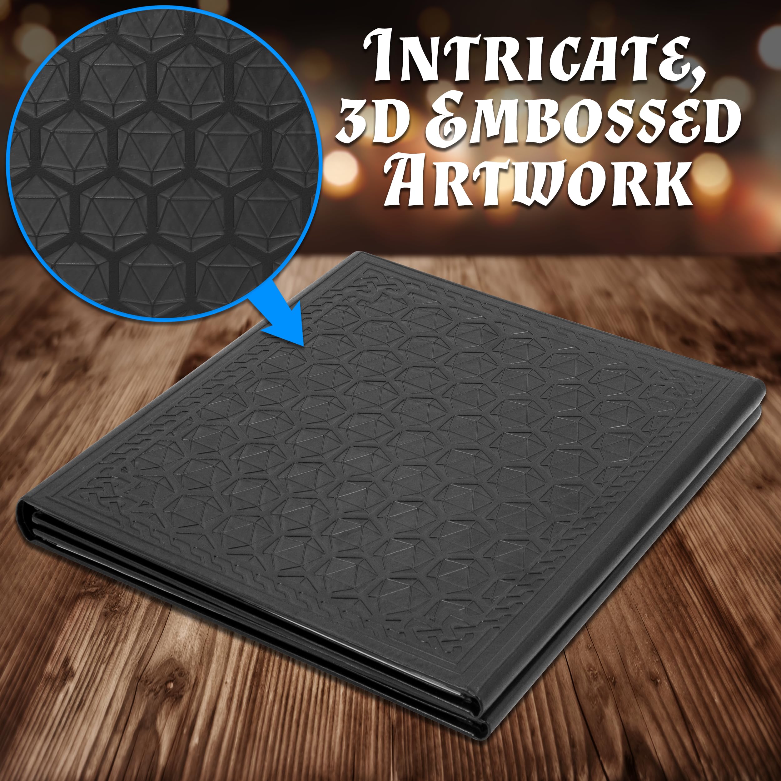 CASEMATIX DM Screen Faux Leather Embossed GM Screen - Four Panel Folding Dungeon Master Screen with Wet Erase Pockets and Compatible with Tabletop Roleplaying Games, Inserts Not Included, Black