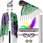 Geyoga 5 Packs Mardi Gras Outfit for Women, Mardi Gras Costume Accessories Set, Beads Necklaces Shawl Scarf Feather Headband Dangle Earrings Masquerade Eye Mask Carnival Costumes