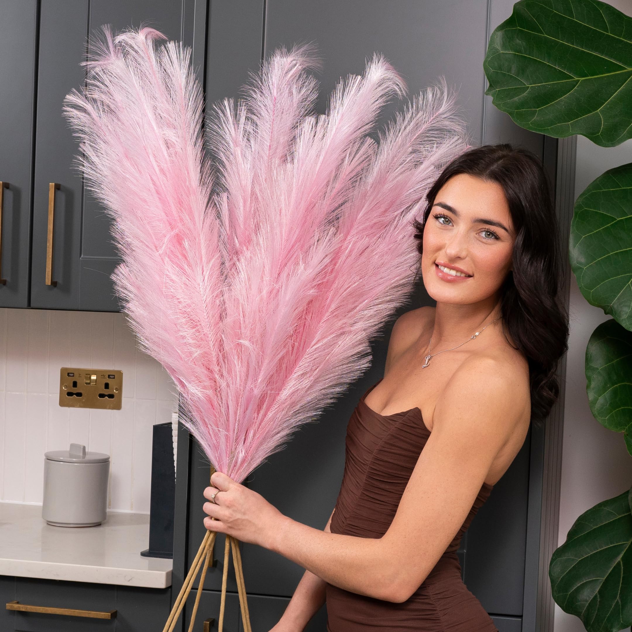 Pink Extra Large Pampas Grass Artificial, 3x 115cm Full & Fluffy Faux Pampas Grass Feathers for Vase, Handmade Tall Faux Pampas Grass Decor, Long Artificial Flowers for Boho Decor