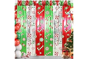 BIAWOY Christmas Party Decorations Candy Cane Foil Fringe Curtains, 2Pcs Red Silver Green Christmas Backdrop Photo Booth Prop Streamers for Christmas Ugly Sweater Party Christmas Decorations Indoor,3.3x6.6Ft