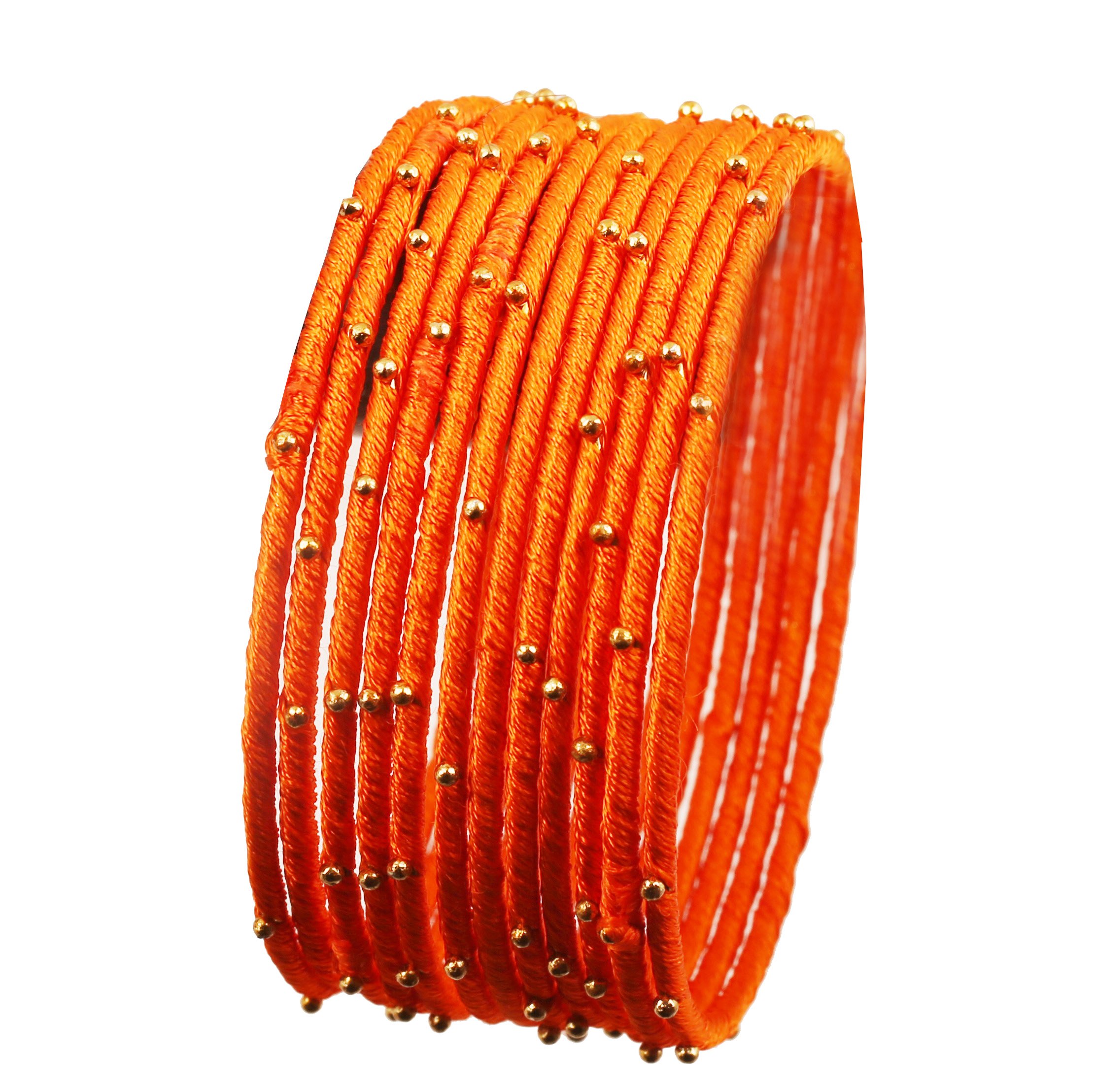 Touchstone "Silk Thread Bangle Collection Indian Bollywood Handcrafted Faux Silk Thread Exotic Look with Golden Beads Carrot Orange Designer Bangle Bracelets Set of 12 for Women. — image 1