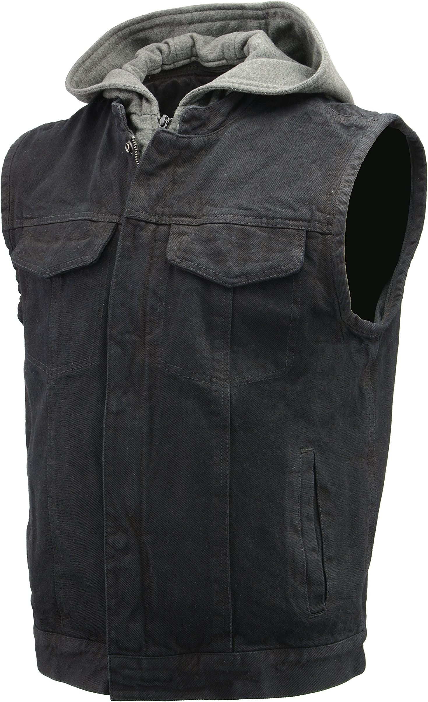 Men’s Denim Club Style Vest | Removable Hoodie, Concealed Gun Pockets, Patches Friendly Single Panel Back | Rustic and Casual Black Jean Biker Vest (Black, Large)