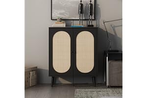 QHITTY Rattan Sideboard Buffet Cabinet, Accent Kitchen Storage Cabinet Console Table with Adjustable Shelves for Living Room, Dining Room, Bedroom (Black)