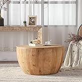 KIGFTSOD 31.50" Coffee Table with Storage, Round Drum Coffee Table for Office, Dining Room and Living Room, Nature