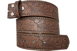 BC Belts Leather Belt Strap with Embossed Western Scrollwork 1.5" Wide with Snaps