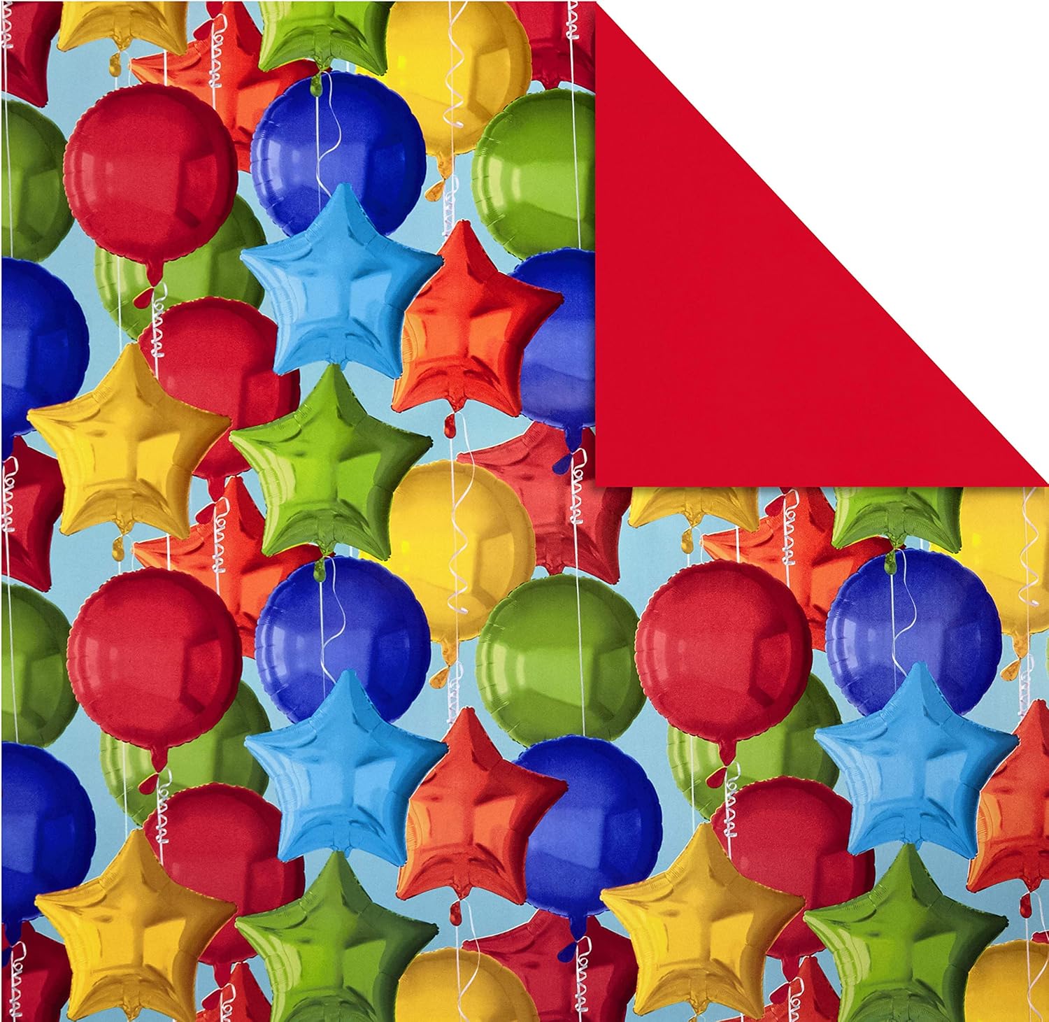 Hallmark All Occasion Reversible Wrapping Paper Bundle - Kids Birthday (3 Rolls - 75 sq. ft. ttl) Balloons, Stars, Cupcakes, Blue Stripes, Solid Red: Kitchen & Dining