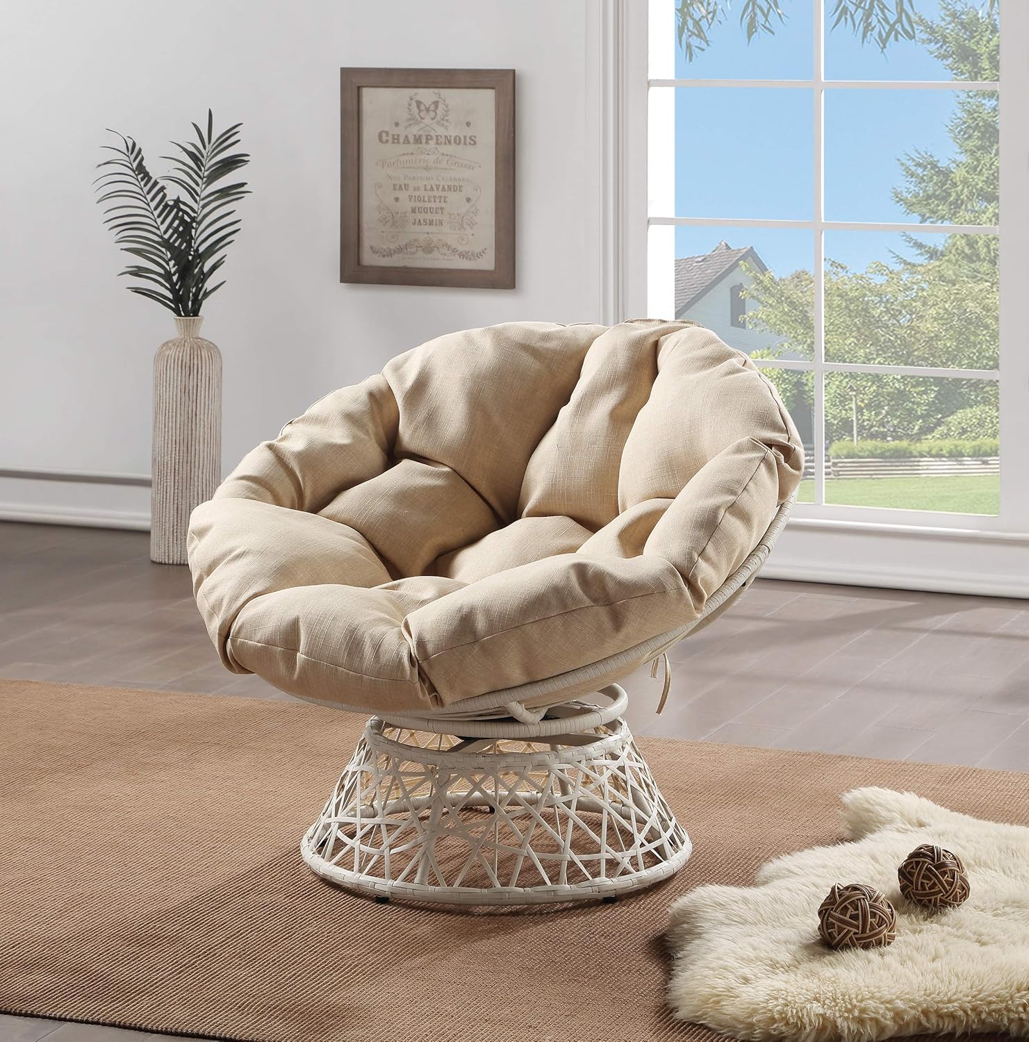 OSP Home Furnishings Wicker Papasan Chair with 360-Degree Swivel, Cream Frame with Cream Cushion: Furniture & Decor