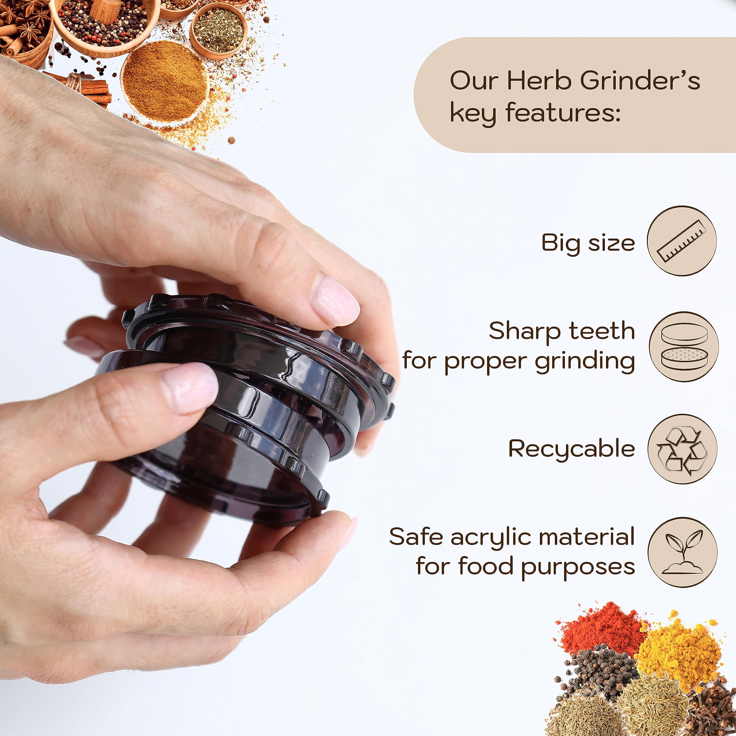 Acrylic Herb Grinder | Large 3 inch Black plastic grinder | (Black)