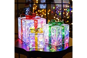 TISEJOY Set of 3 Christmas Lighted Gift Boxes,8 Light Modes Light Up Present Boxes Christmas Decorations for Indoor Outdoor Porch Yard Tree Holiday Decor（Color Changing）