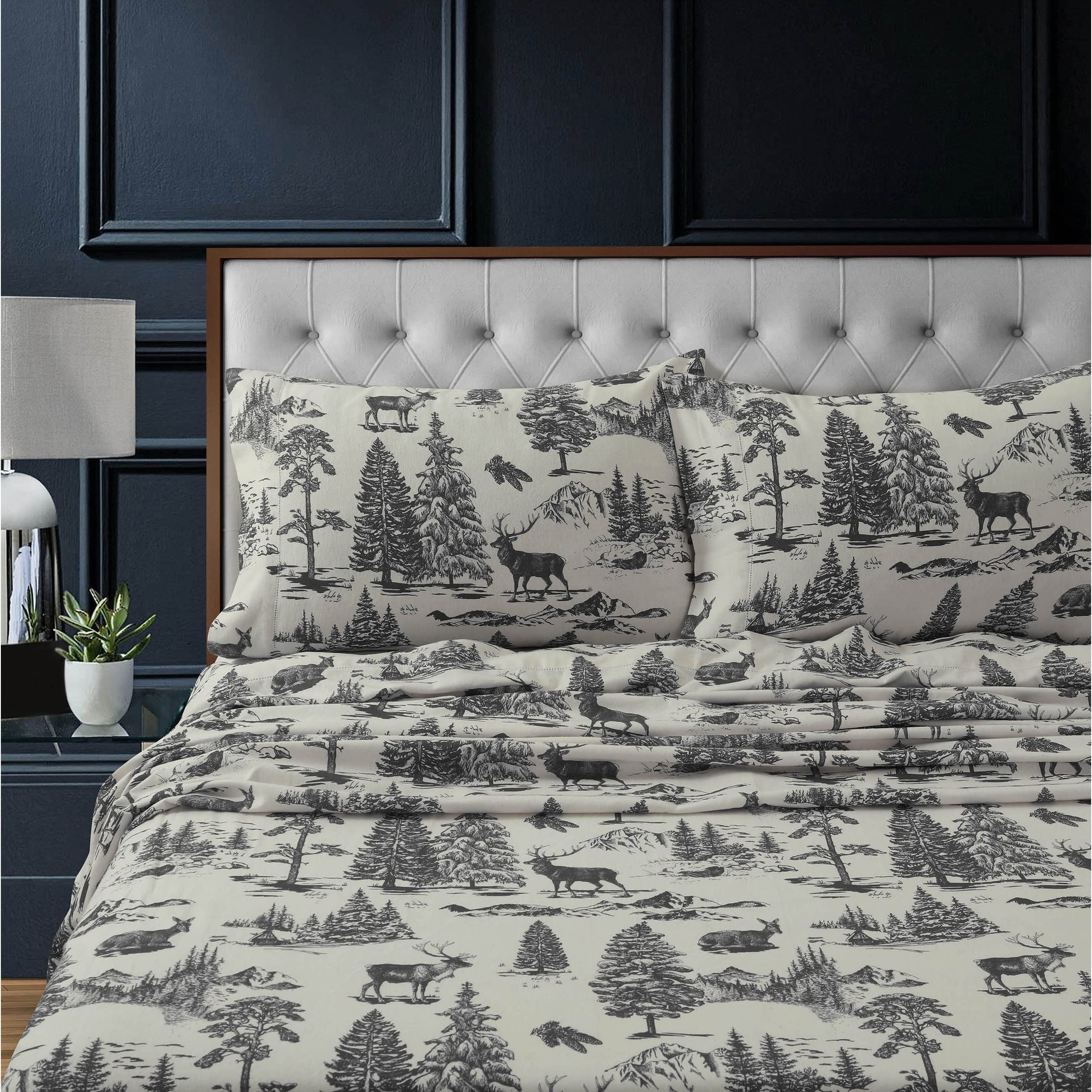 Tribeca Living Flannel Sheets Twin XL Size - 100% Cotton Flannel Sheet Set, 200 GSM Deep Pocket Twin XL Flannel Sheets, 3 Piece Ultra Soft Brushed Cotton Flannel Sheet in Deer Toile Charcoal Print Image