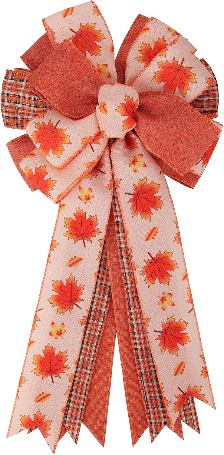 Bows & Ribbons - Meseey 1 Pcs Fall Maple Leaf Wreath Burlap Bow Multi-Layer Orange Buffalo Plaid Tree Topper Bow for Autumn Fall Thanksgiving Day Indoor Outdoor Wall Party Home Decoration (Fall)