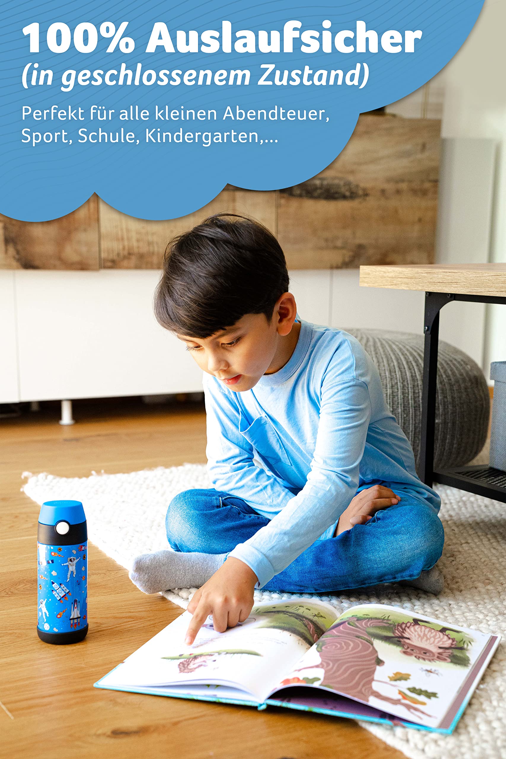 Jarlson® Trinkflasche Kinder Edelstahl MALI [THERMOSFLASCHE] - Kindertrinkflasche Auslaufsicher - Thermoskanne Kohlensäure geeignet - Thermo Trink Flasche für Schule & Kindergarten (350ml, Weltall) 5