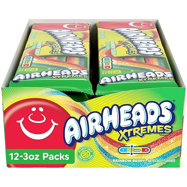 AIRHEADS XTREMES BELTS, HALLOWEEN TRICK OR TREAT SWEETLY SOUR CANDY, RAINBOW BERRY FLAVOR, INDIVIDUALLY WRAPPED BULK CANDY FOR ADULTS & KIDS, MOVIE THEATER, PARTY, NON-MELTING, 3 OZ (PACK OF 12)