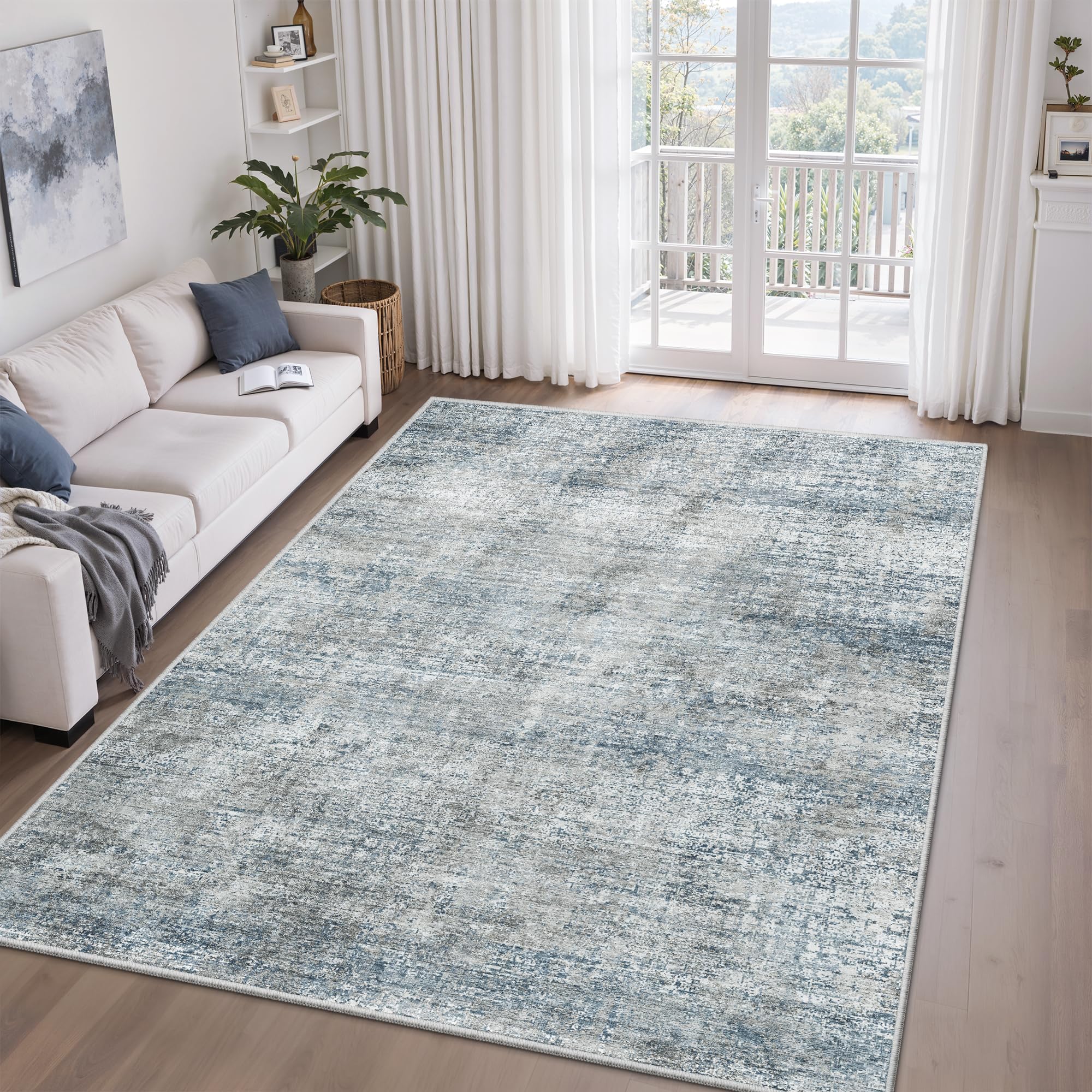 Photo 1 of Area Rugs for Living Room,4x6 Washable Neutral Abstract Rug for Bedroom Large Soft Indoor Floor Low Pile Carpet for Home Office Nursery BlueGray