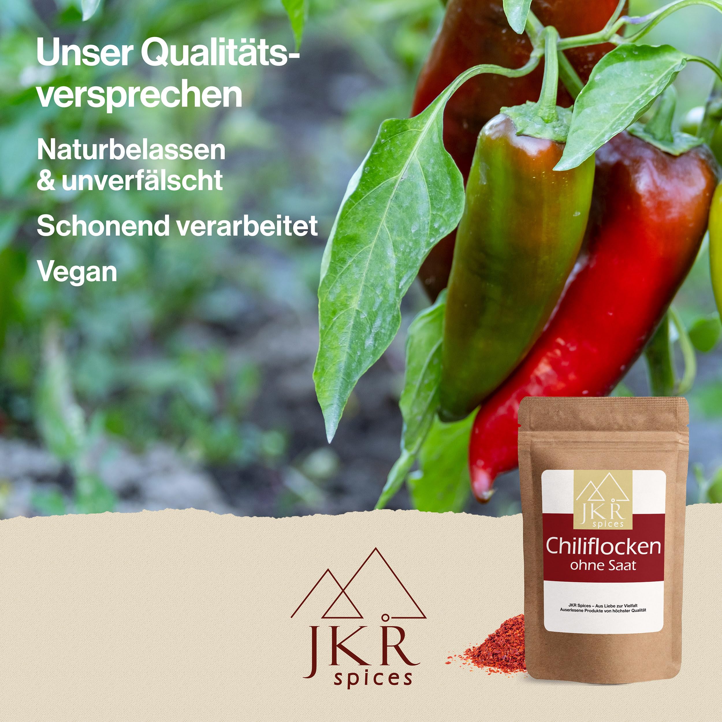 JKR Spices Chiliflocken ohne Saat 200g | Chili Flocken ohne Kerne | Chili Flakes im wiederverschließbaren CO² neutralem Beutel | Chili geschrotet mild | Chilli Flocken 4