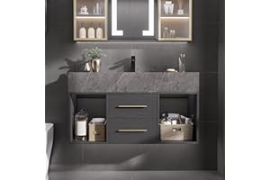 homary 35.4" Bathroom Vanity Set, Modern Wall-Mounted Vanity Bathroom Floating Medicine Cabinet with Sintered Stone Countertop, Undermount Sink & Black, 2 Open Storage Shelves