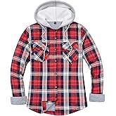 Womens Fleece Hooded Flannel Shirts Plaid Button Down Flannel Shirt Hoodie Jacket with Pockets