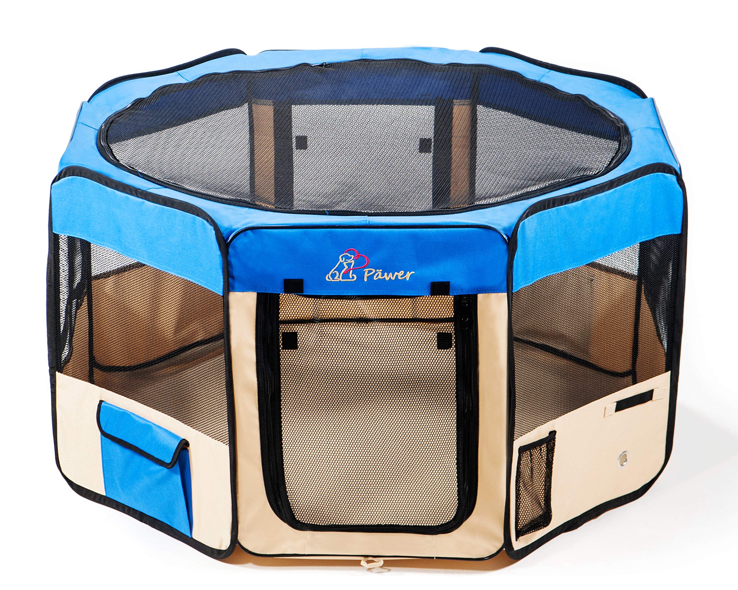Pawer 36"×18.5" 8-Panel Foldable Pet Playpen, for Small Medium Cat/Dog/Puppy, Small Size, Blue+Beige, 600D Oxford Cloth Portable Indoor & Outdoor Kennel with Carry Bag