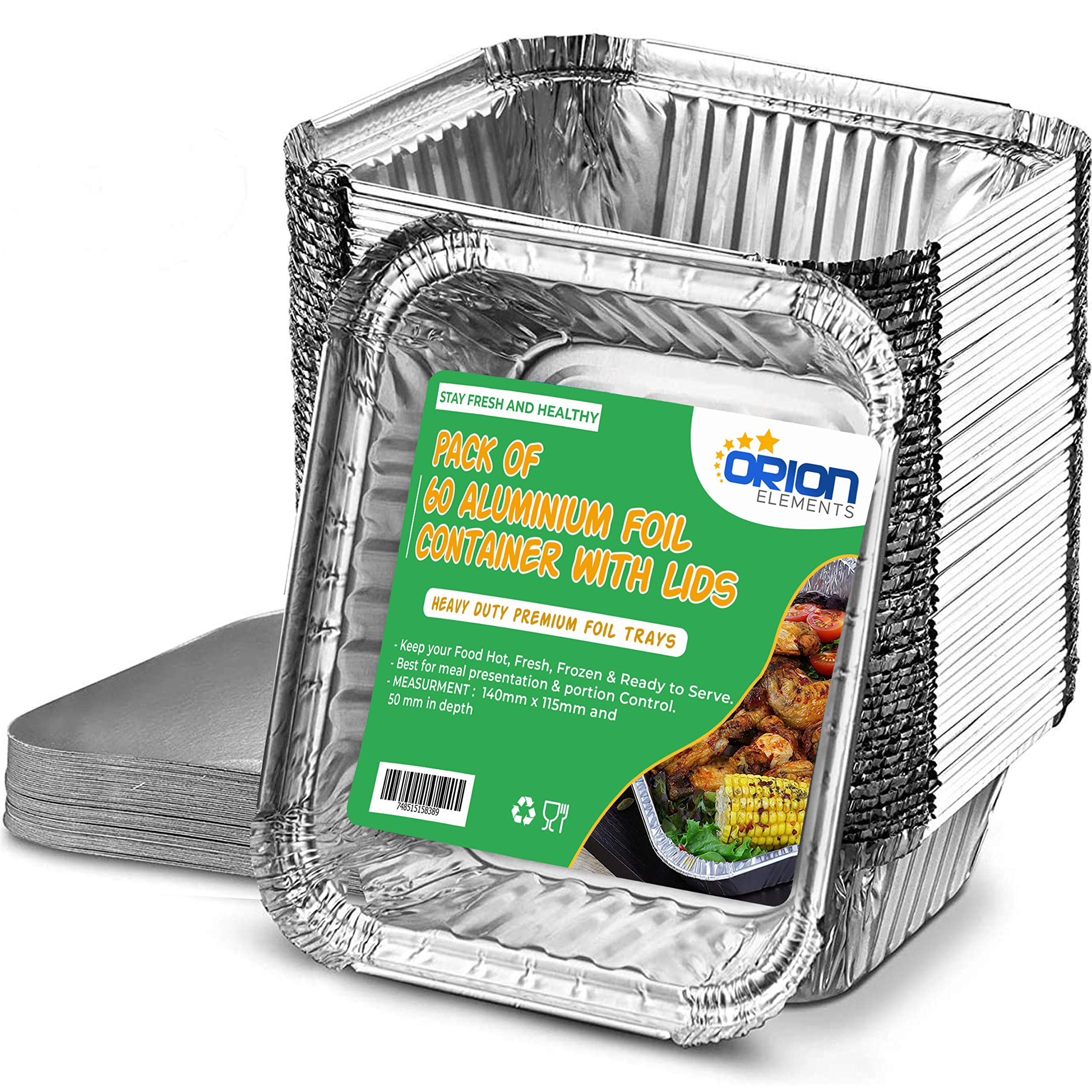 ORION ELEMENTS 60 Premium Small Disposable Aluminium Foil Trays Containers with lids Paper foil 500ml. Best for Meal Prep Baking Food Storage Takeaway Tin (Pack of 60 with Paper Foil Lids)