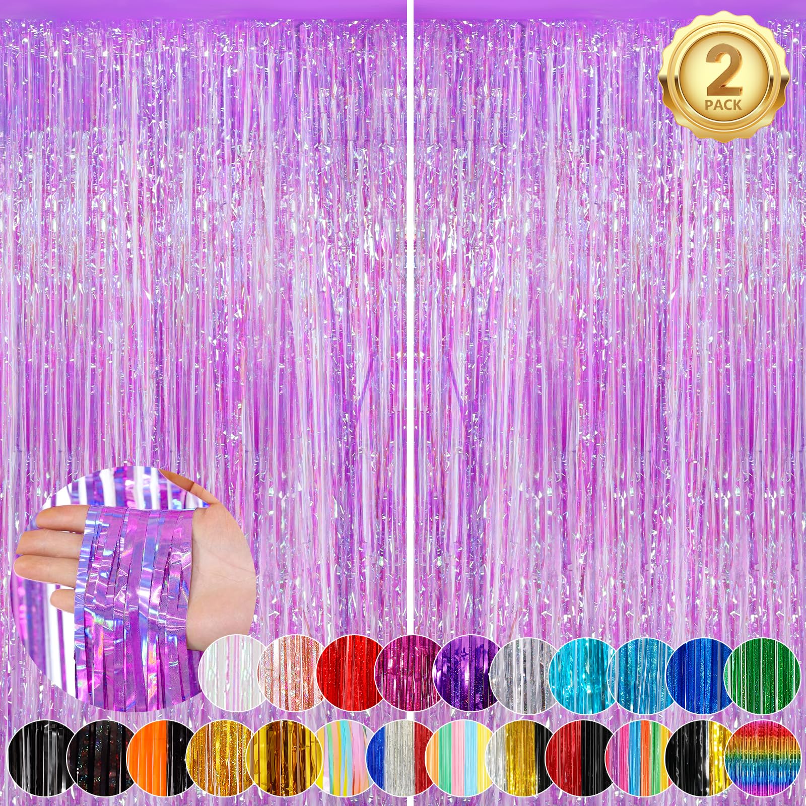 Photo 1 of 2Pack 3.3 x 8.3Ft Iridescent Purple Streamers Foil Fringe Curtains Neno Purple Tinsel Door Curtains Photo Booth Backdrop for Wedding Birthday Bridal Shower Baby Shower Bachelorette Party Decors