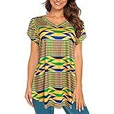Afibi Womens Print Shirt African Dashiki Short Sleeve V Neck Loose Tunic Tops